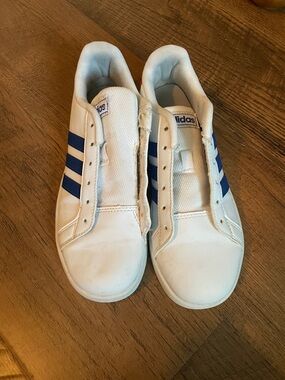 adidas White Low-Top Sneakers with Blue Stripes